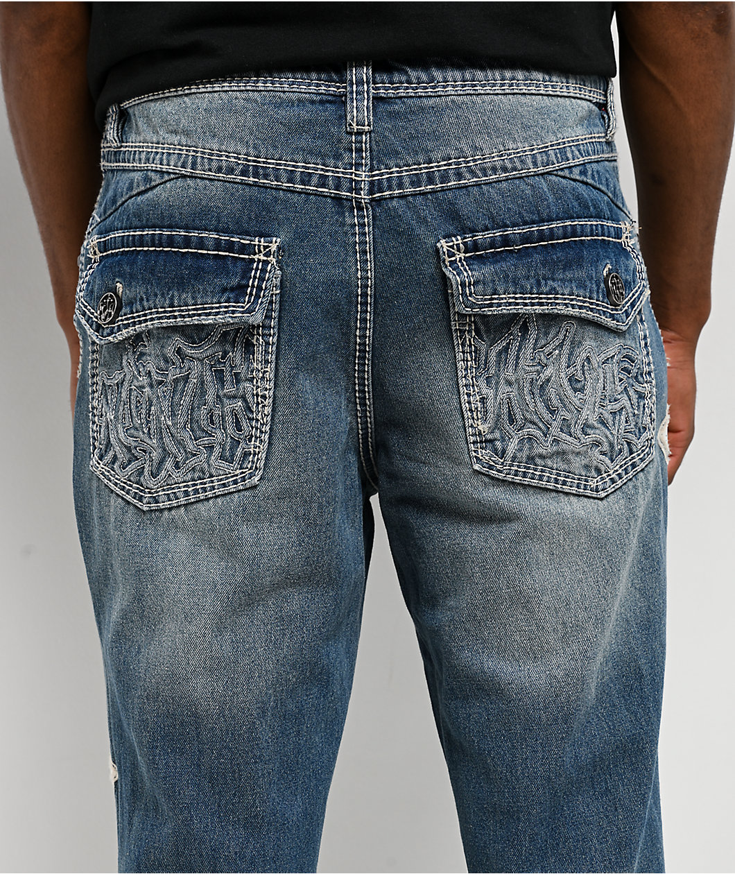 Ninth Hall Defender Applique Crosses Reverent Blue Flare Jeans