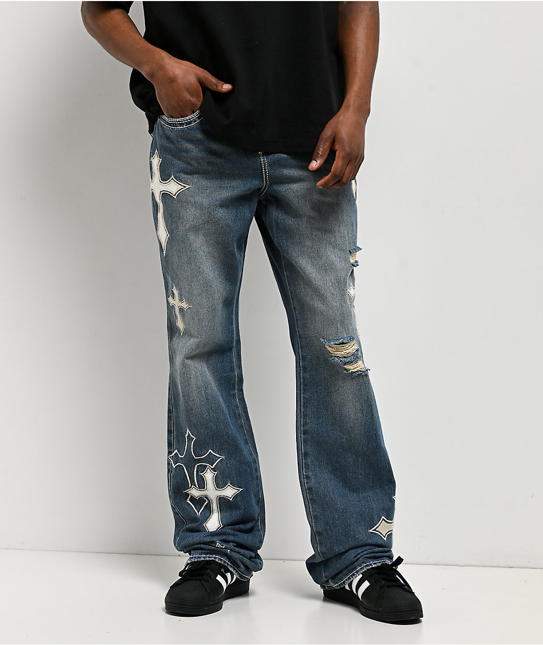 Ninth Hall Defender Applique Crosses Reverent Blue Flare Jeans