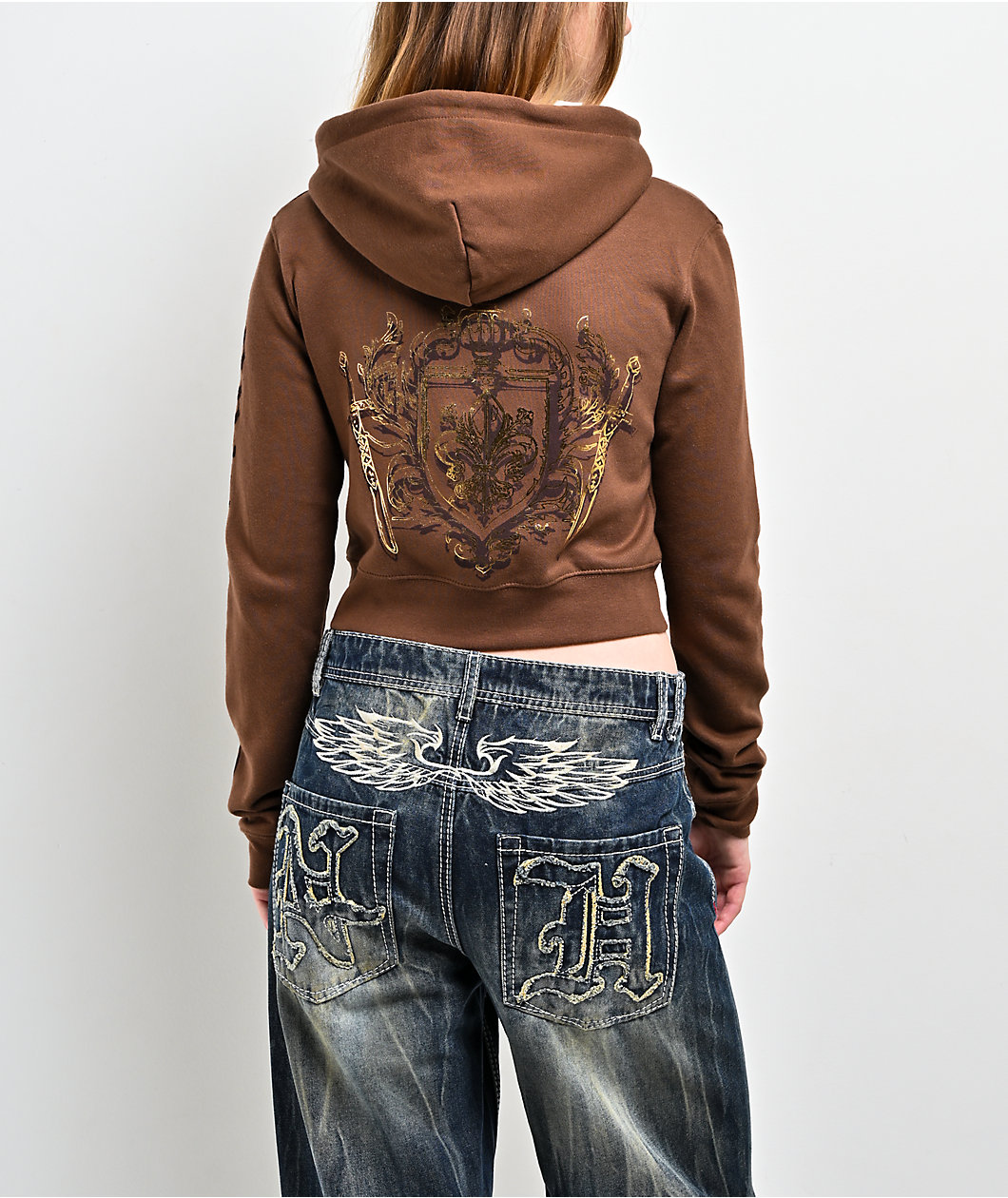 Ninth Hall Divine Conflict Brown Crop Zip Hoodie
