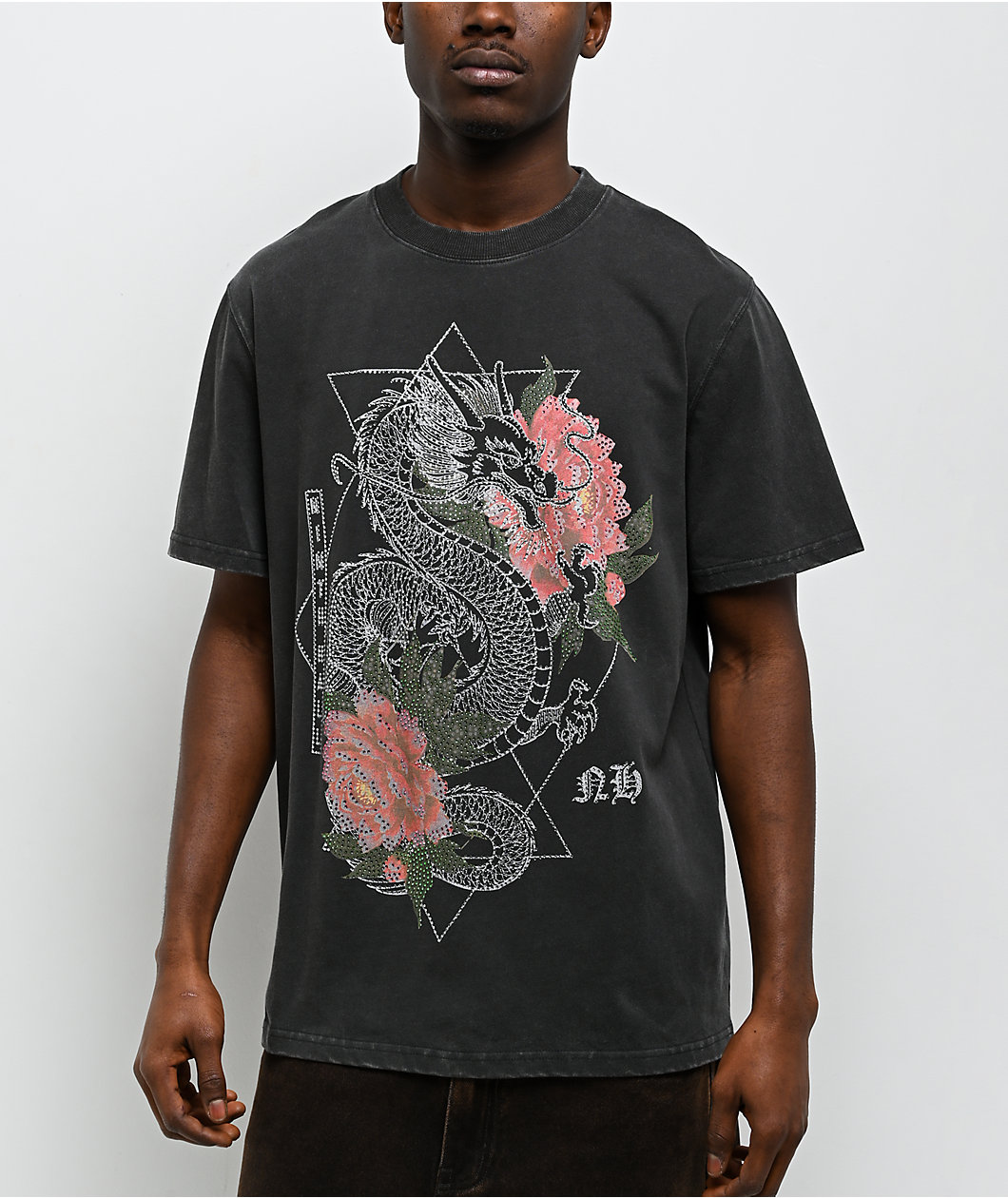 Ninth Hall Dragon Flower Stone Black Wash T-Shirt