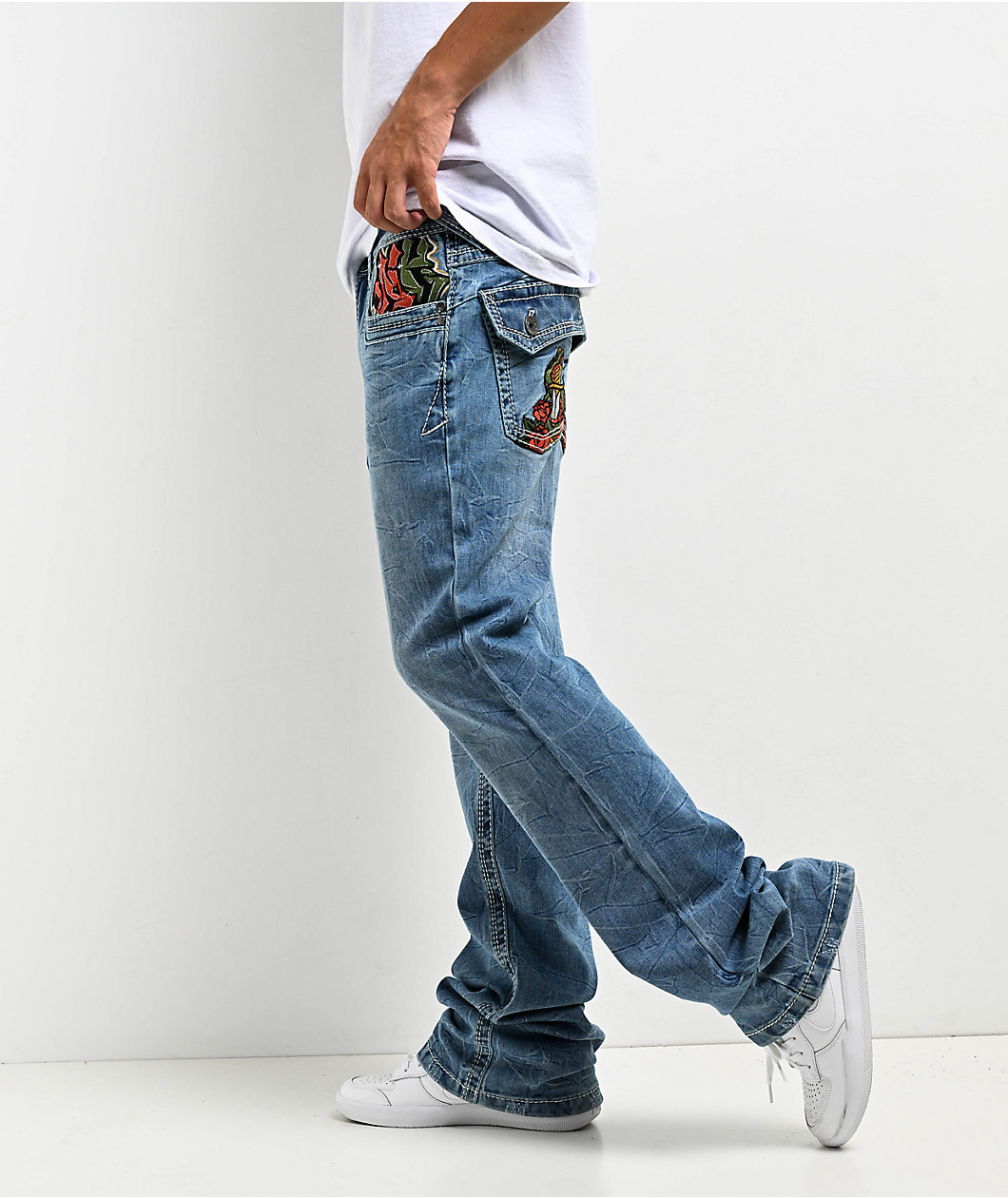 Ninth Hall Eagle Signal Stacked Flare Fracture Jeans