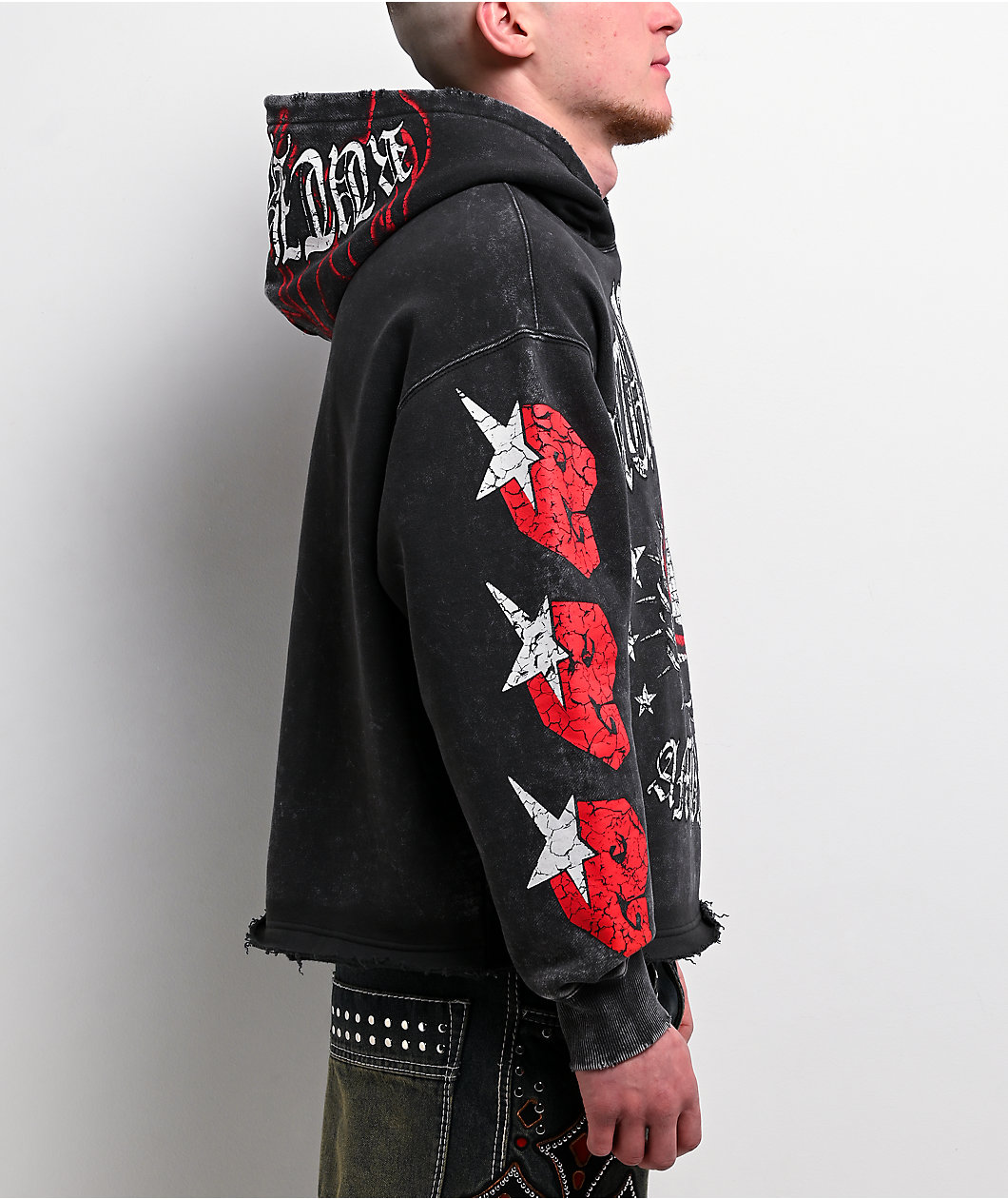 Ninth Hall Ego World Black Wash Distressed Crop Hoodie