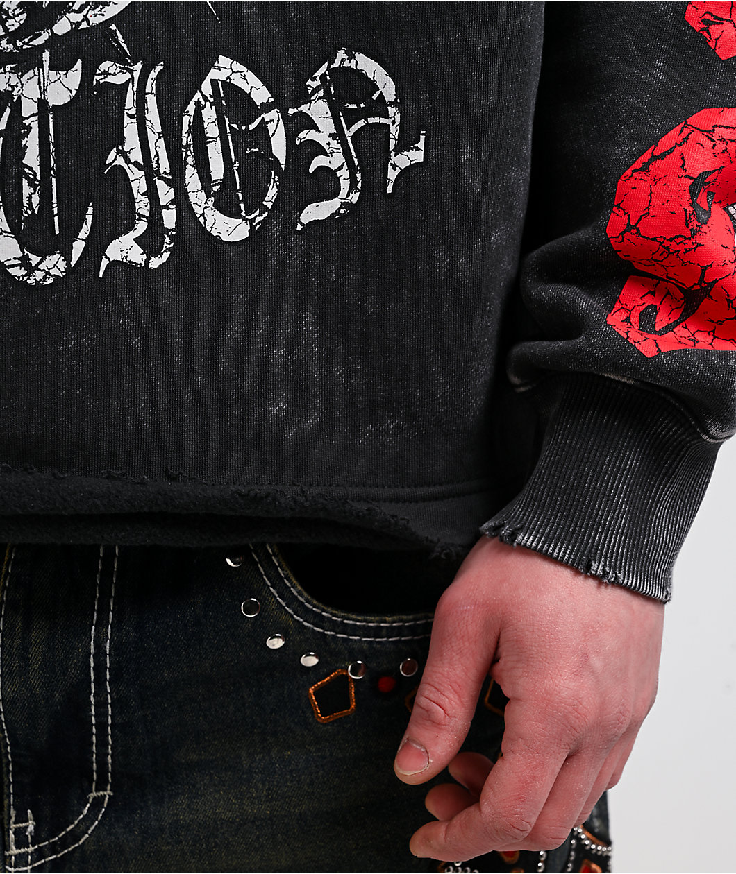 Ninth Hall Ego World Black Wash Distressed Crop Hoodie