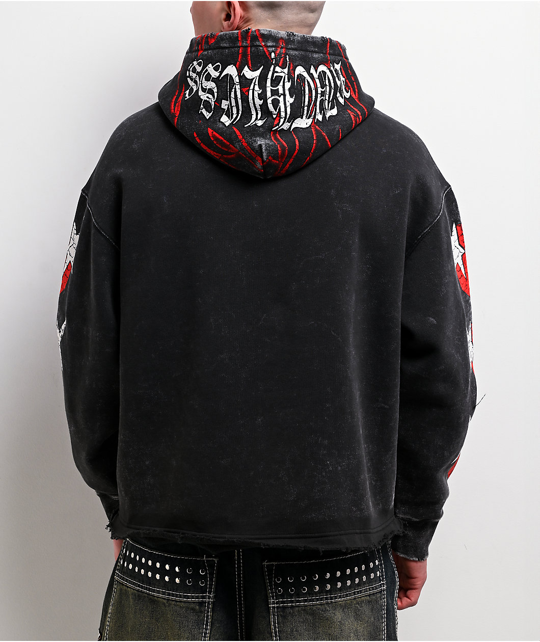 Ninth Hall Ego World Black Wash Distressed Crop Hoodie