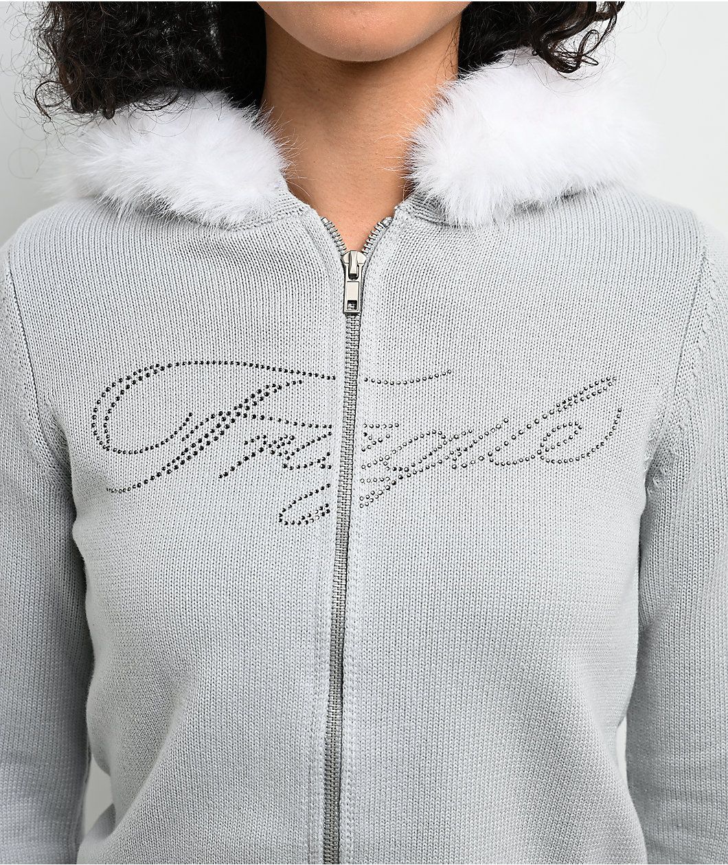 Ninth Hall Fragile Faux Fur Grey Zip Up Hoodie