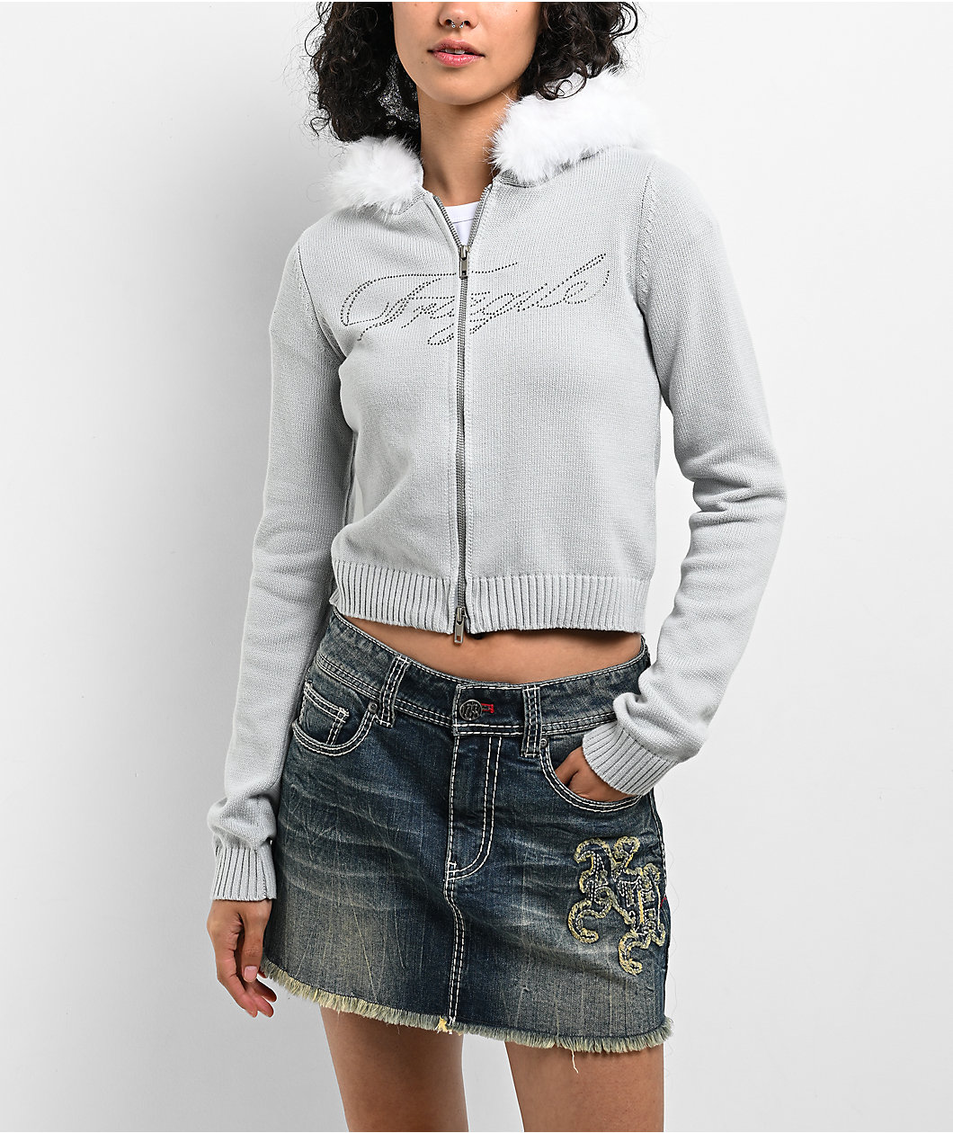 Ninth Hall Fragile Faux Fur Grey Zip Up Hoodie