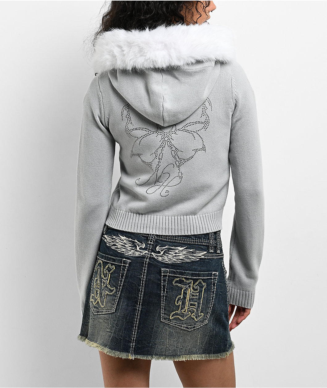 Ninth Hall Fragile Faux Fur Grey Zip Up Hoodie