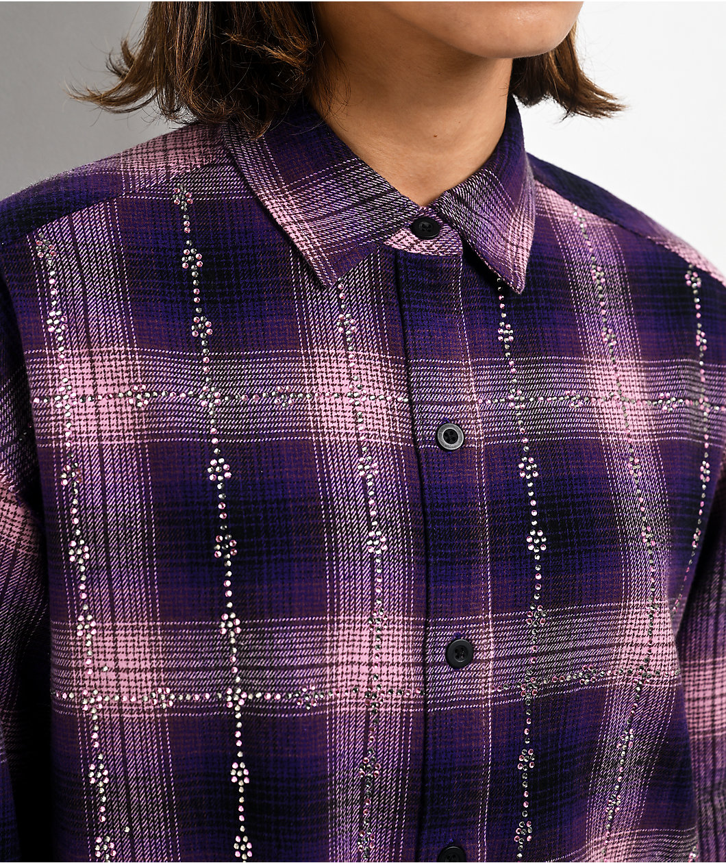 Ninth Hall Freya Rhinestone Pink & Purple Flannel Shirt