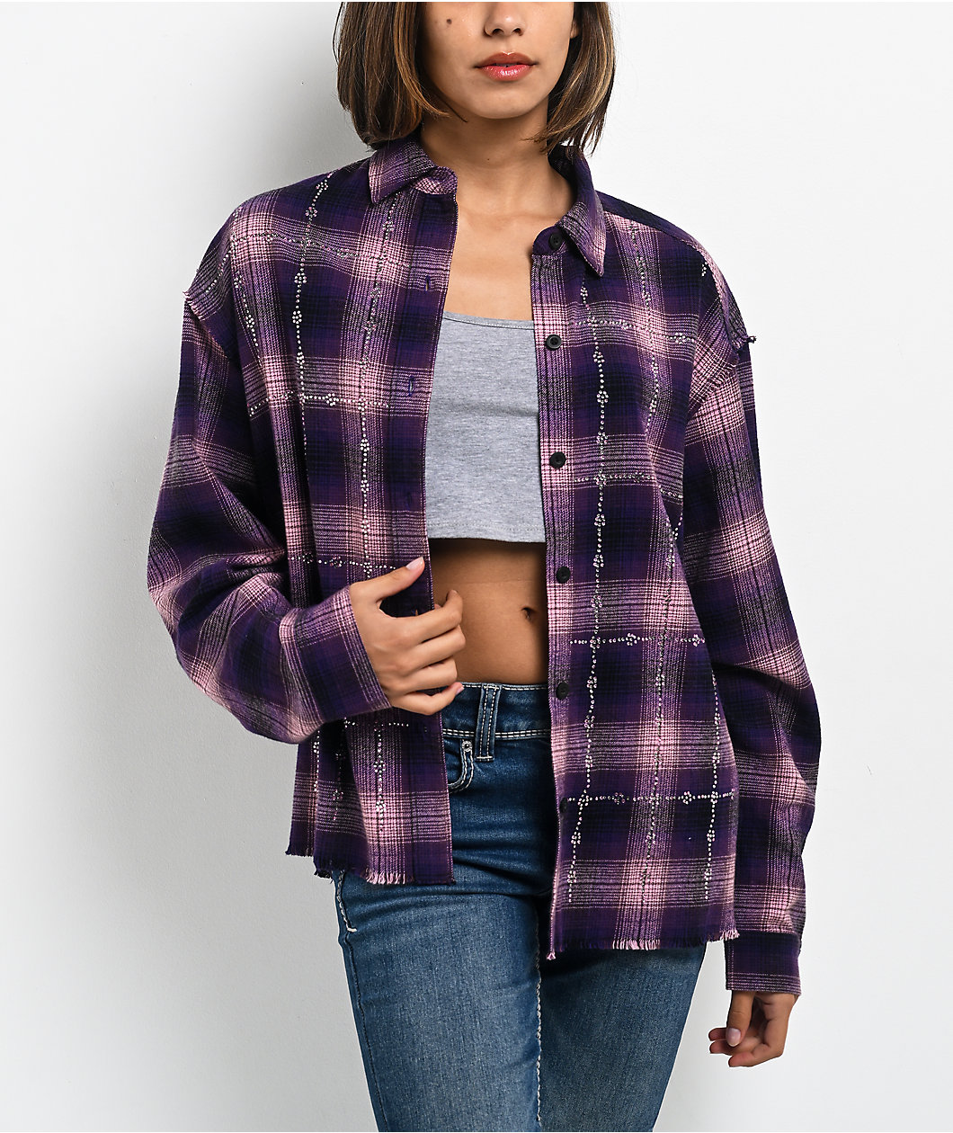 Ninth Hall Freya Rhinestone Pink & Purple Flannel Shirt