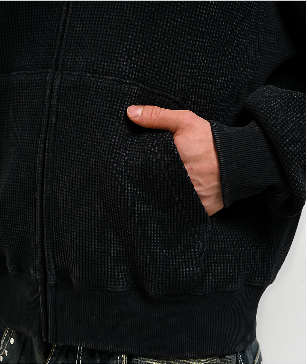 Ninth Hall Fundamentals Black Wash Thermal Zip Hoodie