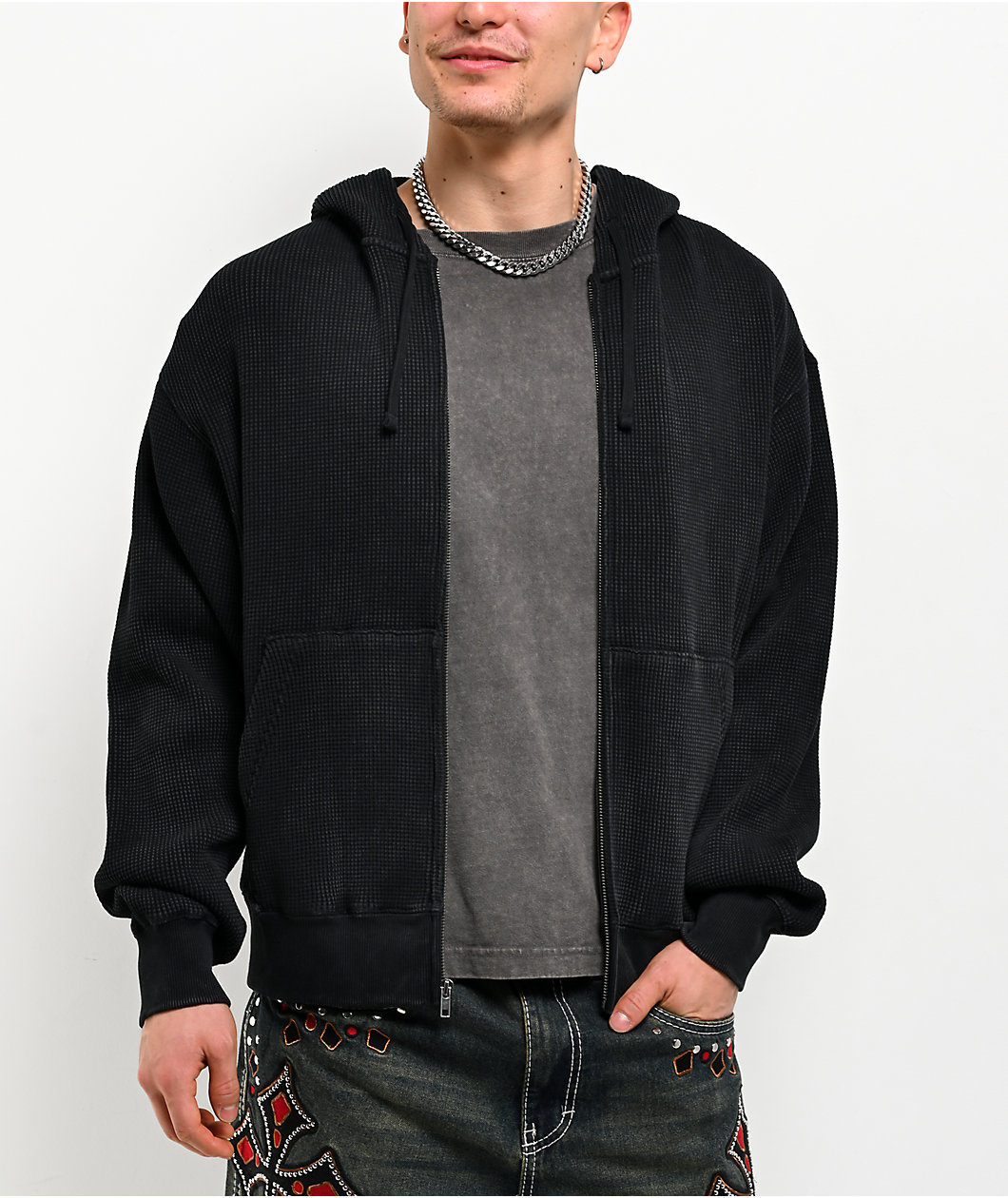 Ninth Hall Fundamentals Black Wash Thermal Zip Hoodie