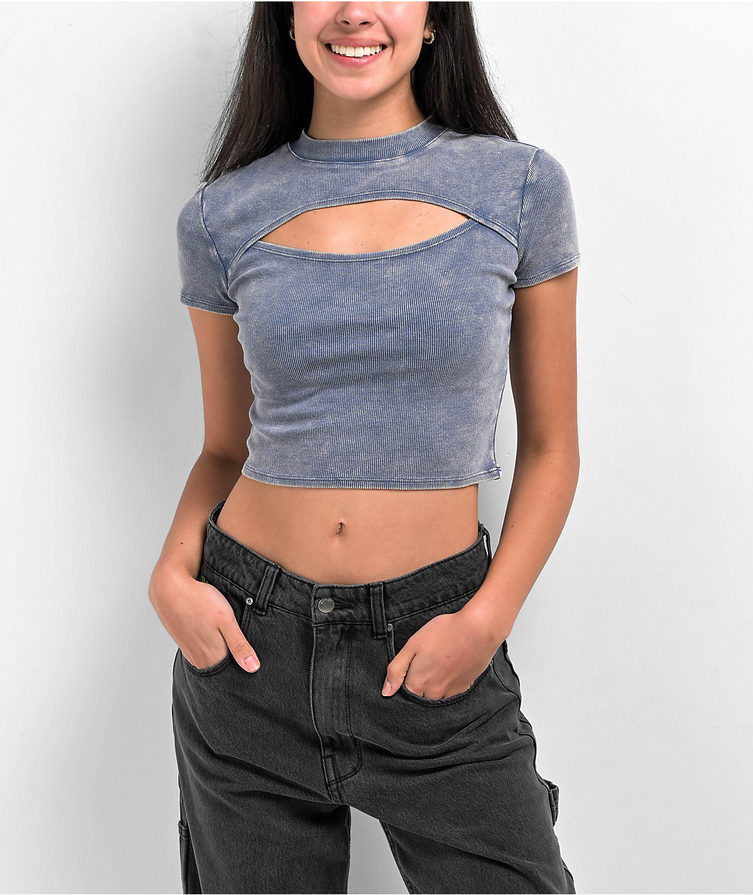 Ninth Hall Fundamentals Cuddie Blue Wash Cutout Fitted Crop Top