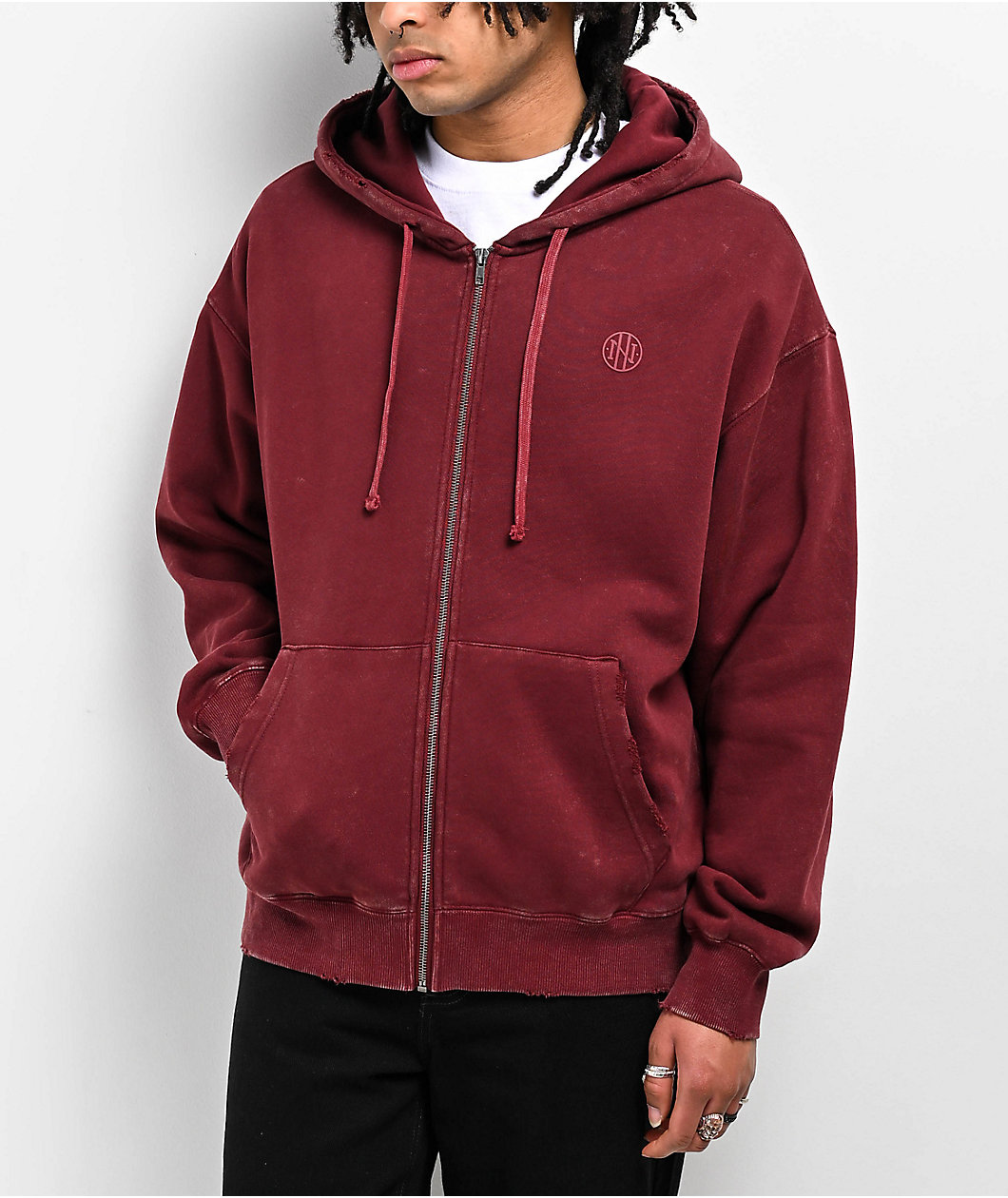 Ninth Hall Fundamentals Distressed Maroon Boxy Zip Hoodie