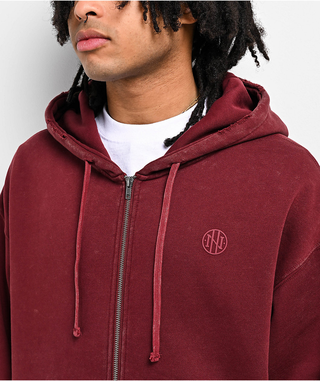 Ninth Hall Fundamentals Distressed Maroon Boxy Zip Hoodie