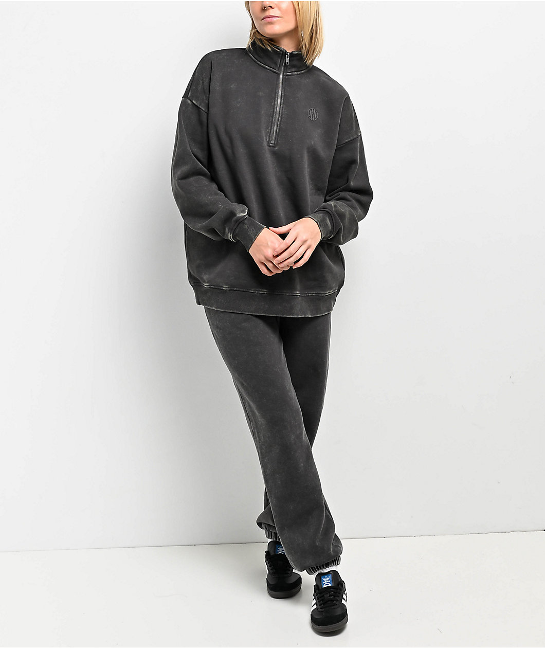 Ninth Hall Fundamentals Sheena Black Wash Oversized Quarter Zip Sweatshirt