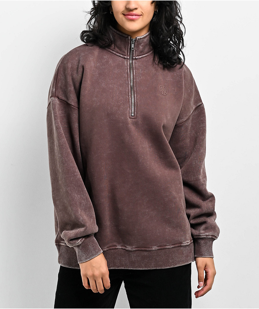 Ninth Hall Fundamentals Sheena Washed Brown Oversized Quarter Zip Sweatshirt