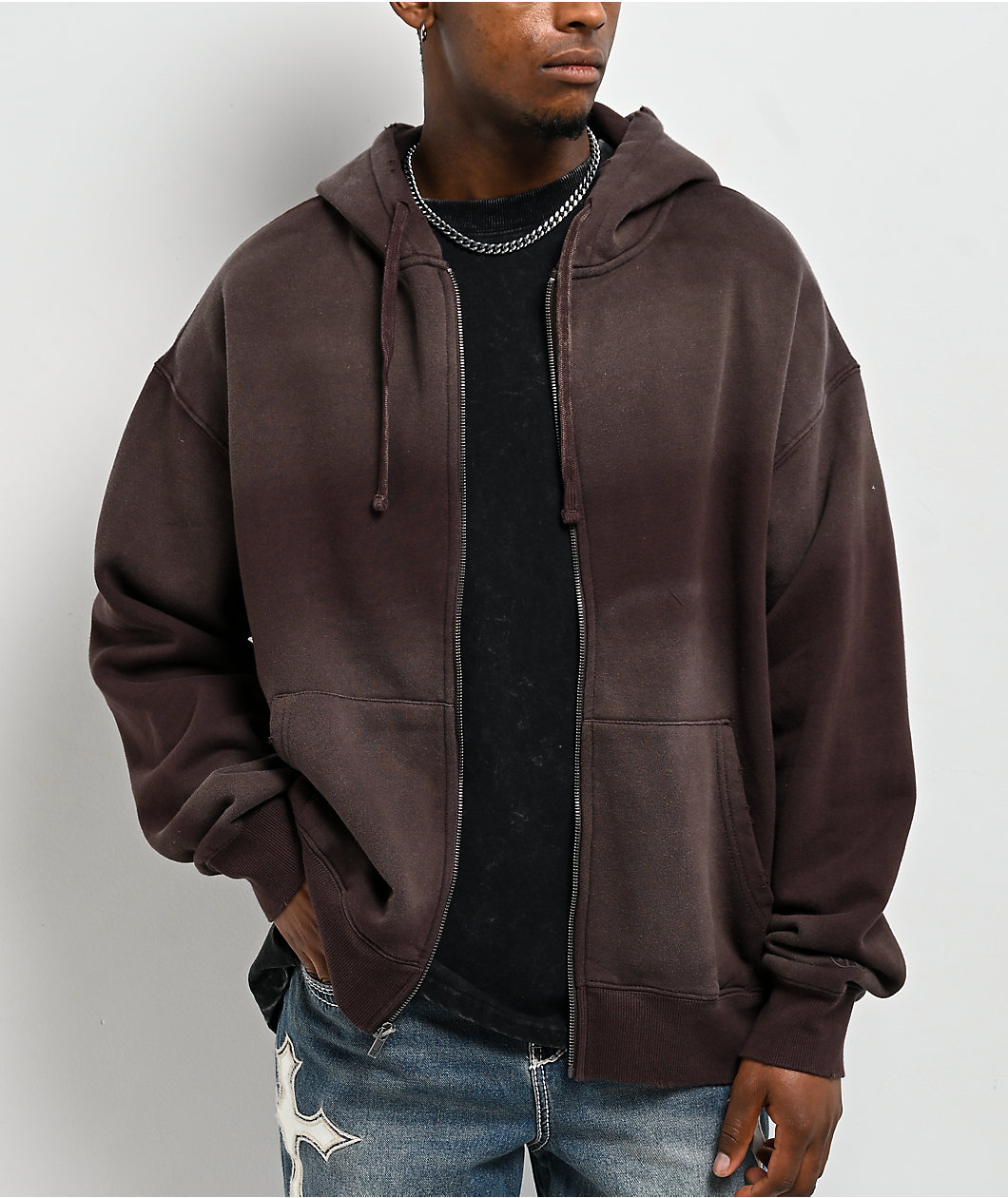 Ninth Hall Fundamentals Spray Dark Brown Wash Zip Hoodie