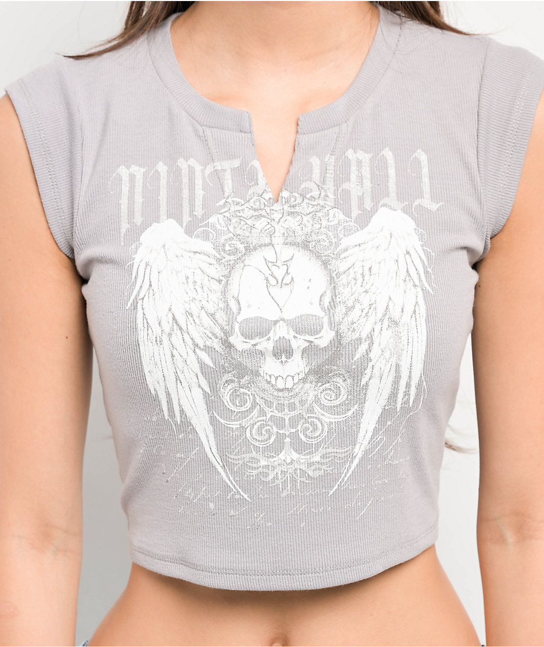 Ninth Hall Harper Skull Wings V Notch Grey Crop T-Shirt