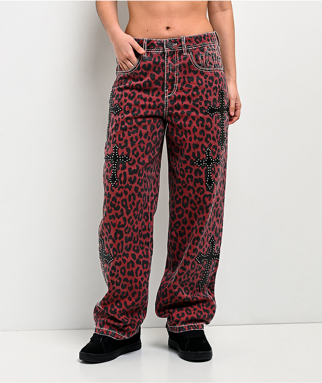 Ninth Hall Idle Armor Cheetah Print Red Straight Leg Jeans