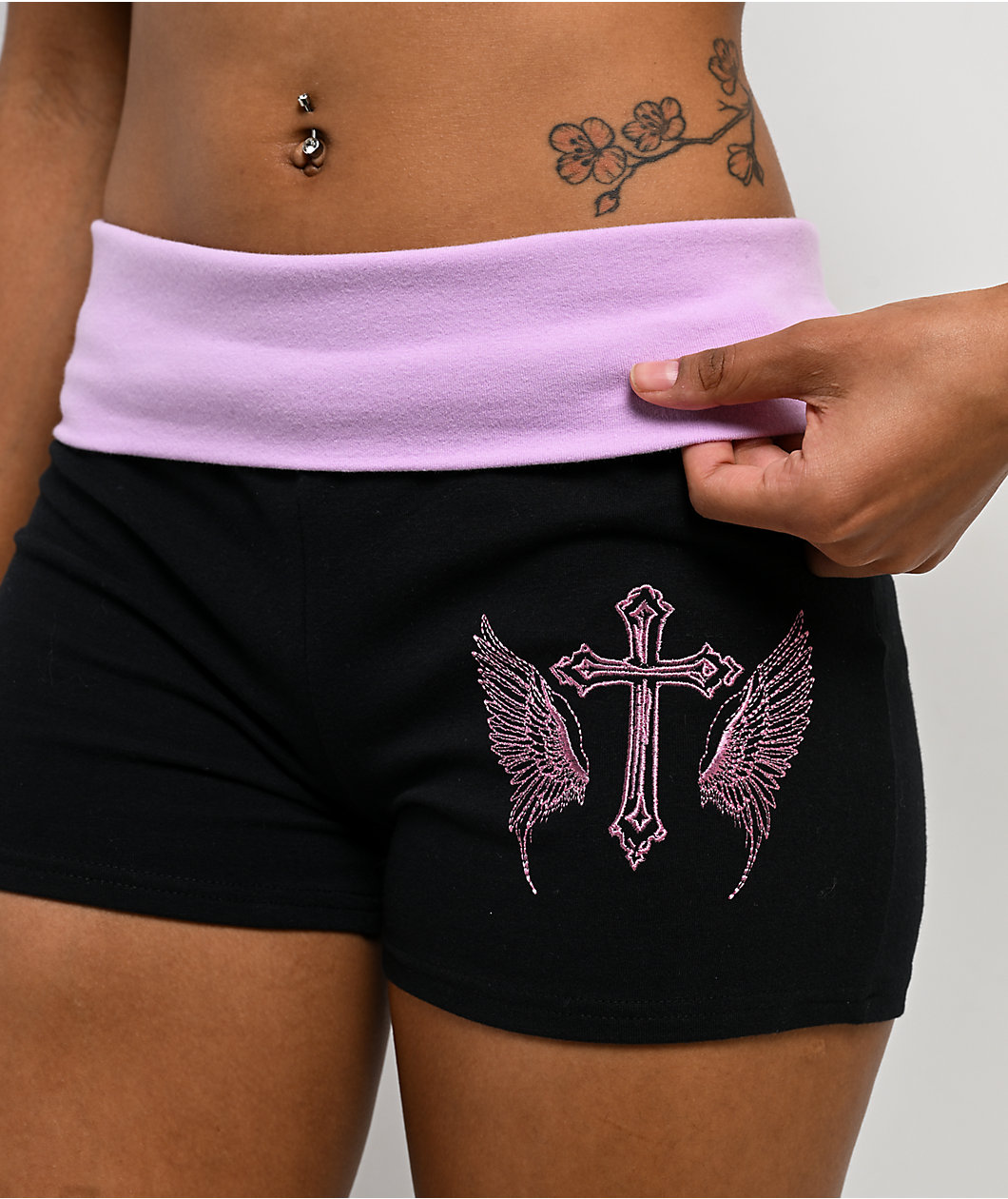 Ninth Hall Jennifer Cross & Wings Black Foldover Shorts