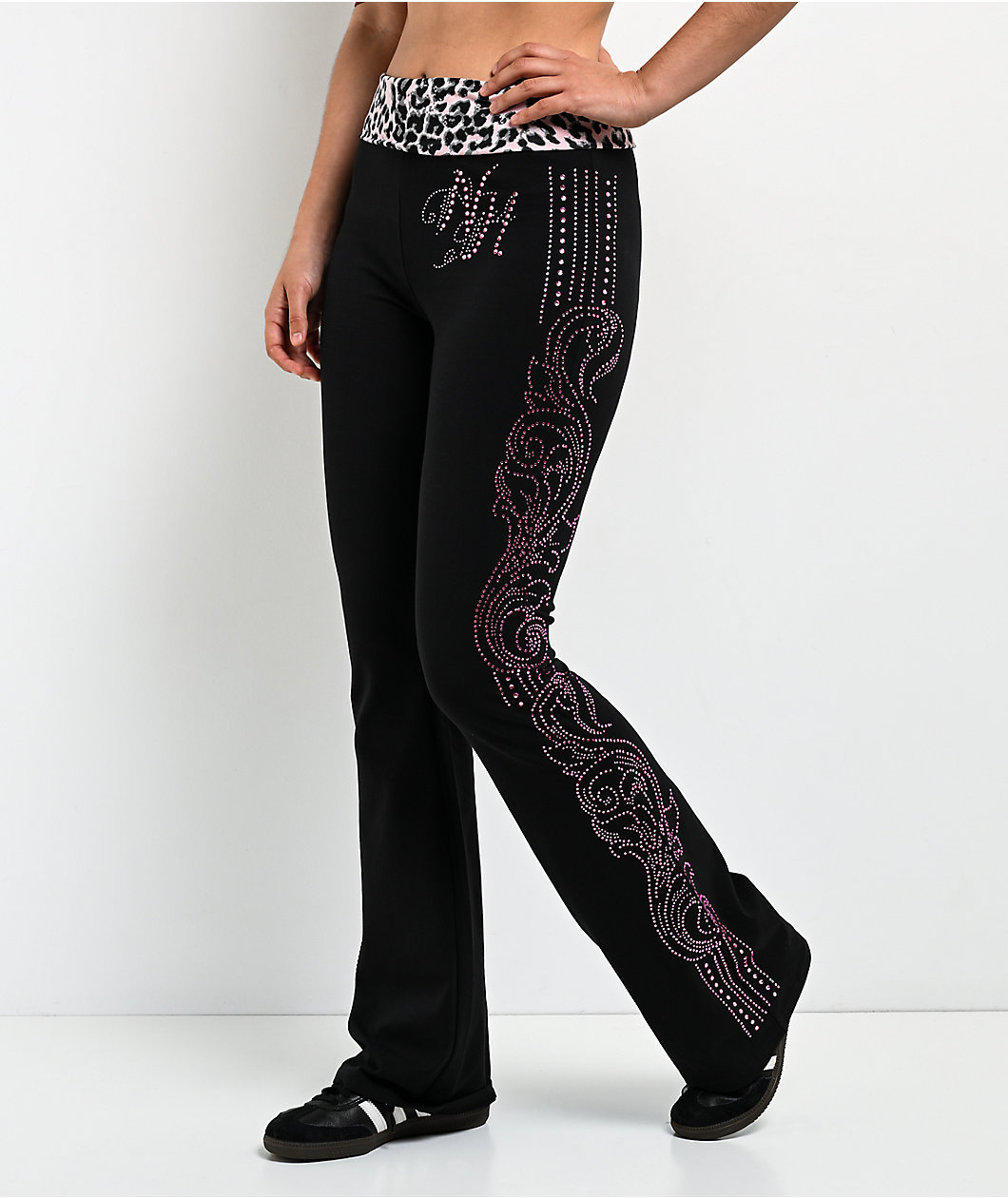Ninth Hall Joella Cheetah Print Pink Fold Over Flare Leggings