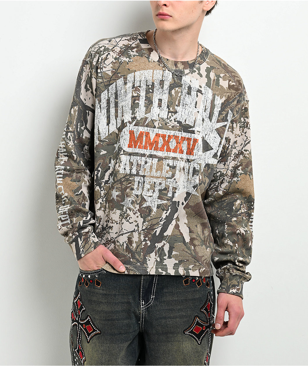 Ninth Hall Layered Text Camo Long Sleeve Thermal T-Shirt