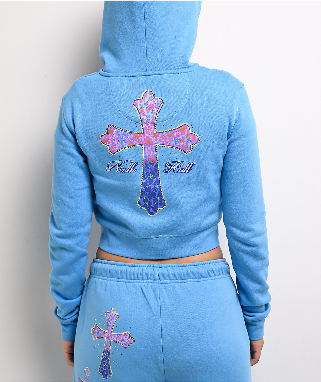 Ninth Hall Leopard Cross Blue Crop Zip Hoodie