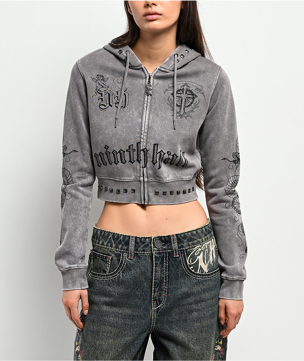 Ninth Hall Melanie Grey Wash Mega Crop Zip Hoodie