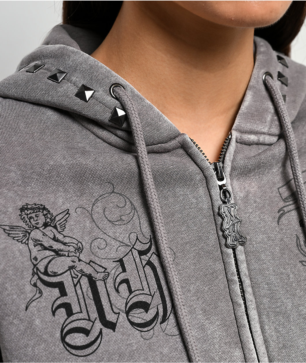 Ninth Hall Melanie Grey Wash Mega Crop Zip Hoodie