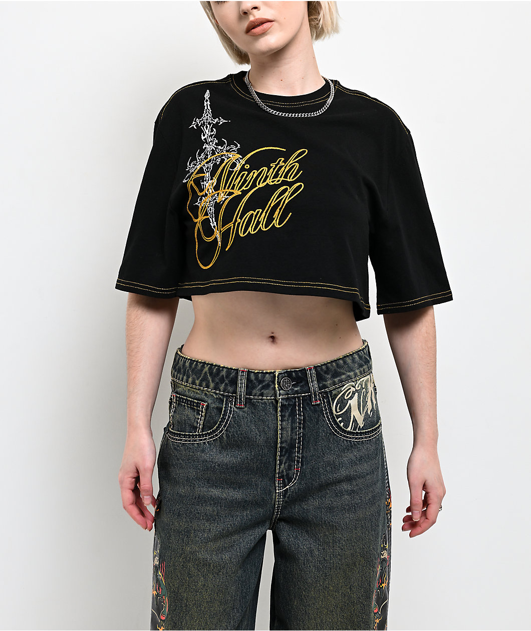 Ninth Hall Olivia Black & Yellow Boxy Crop T-Shirt
