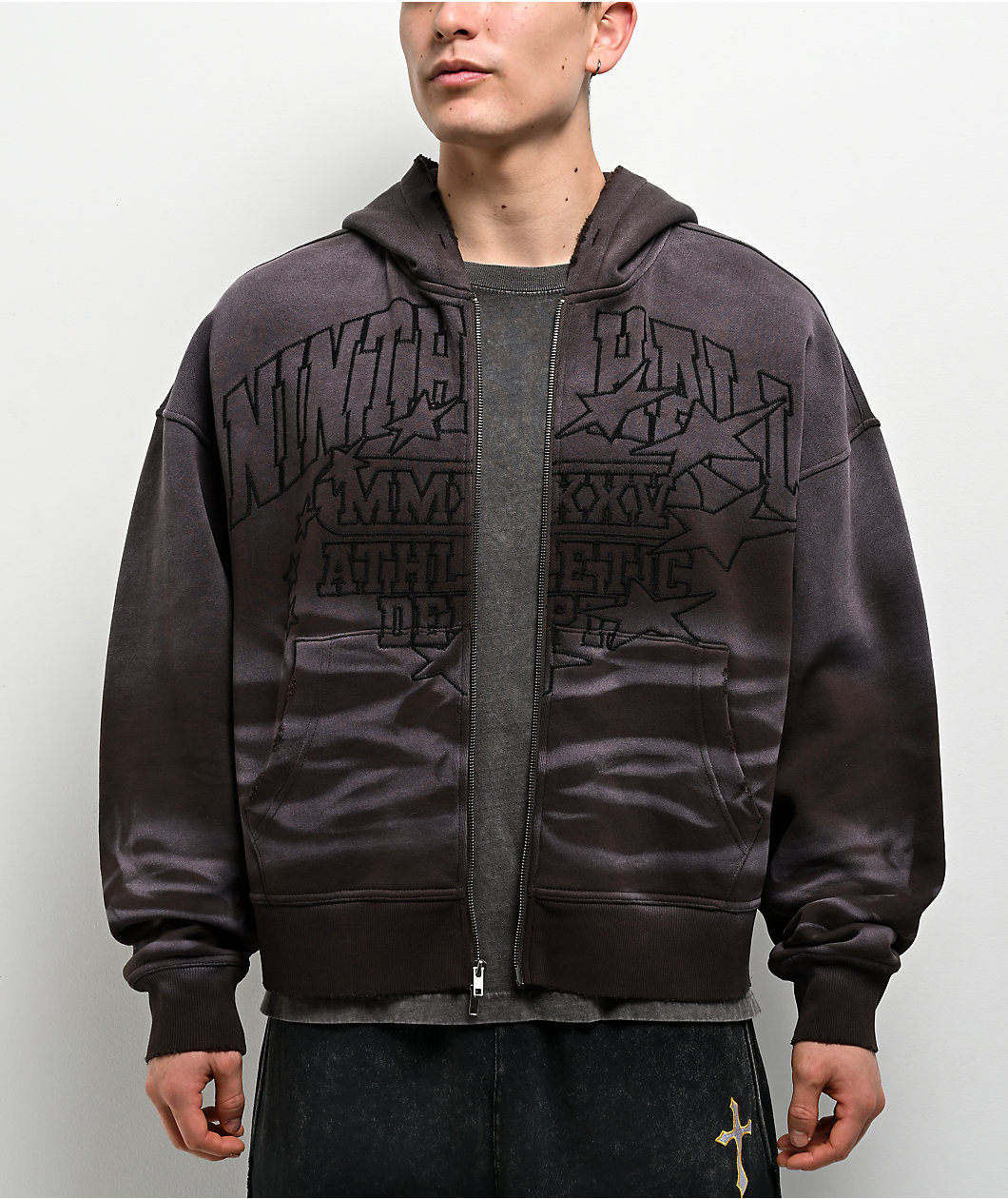 Ninth Hall One Hundred Claws Brown Wash Distressed Crop Hoodie
