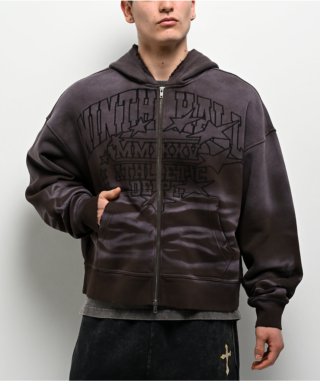 Ninth Hall One Hundred Claws Brown Wash Distressed Crop Hoodie