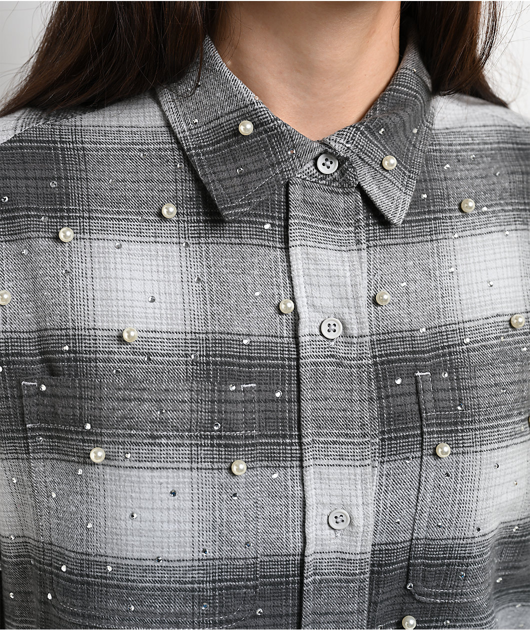 Ninth Hall Pearl & Rhinestone Grey Flannel Shirt