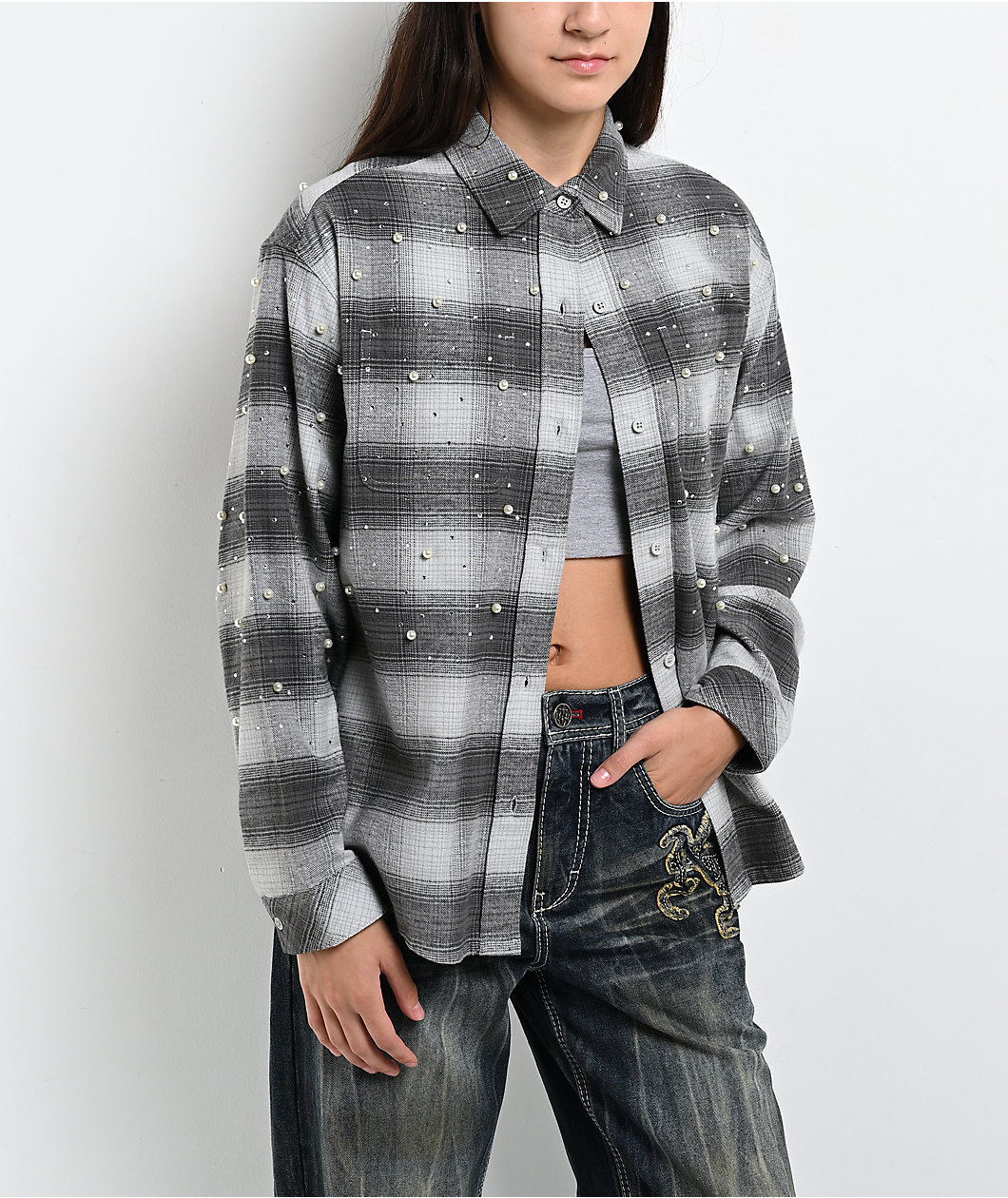 Ninth Hall Pearl & Rhinestone Grey Flannel Shirt