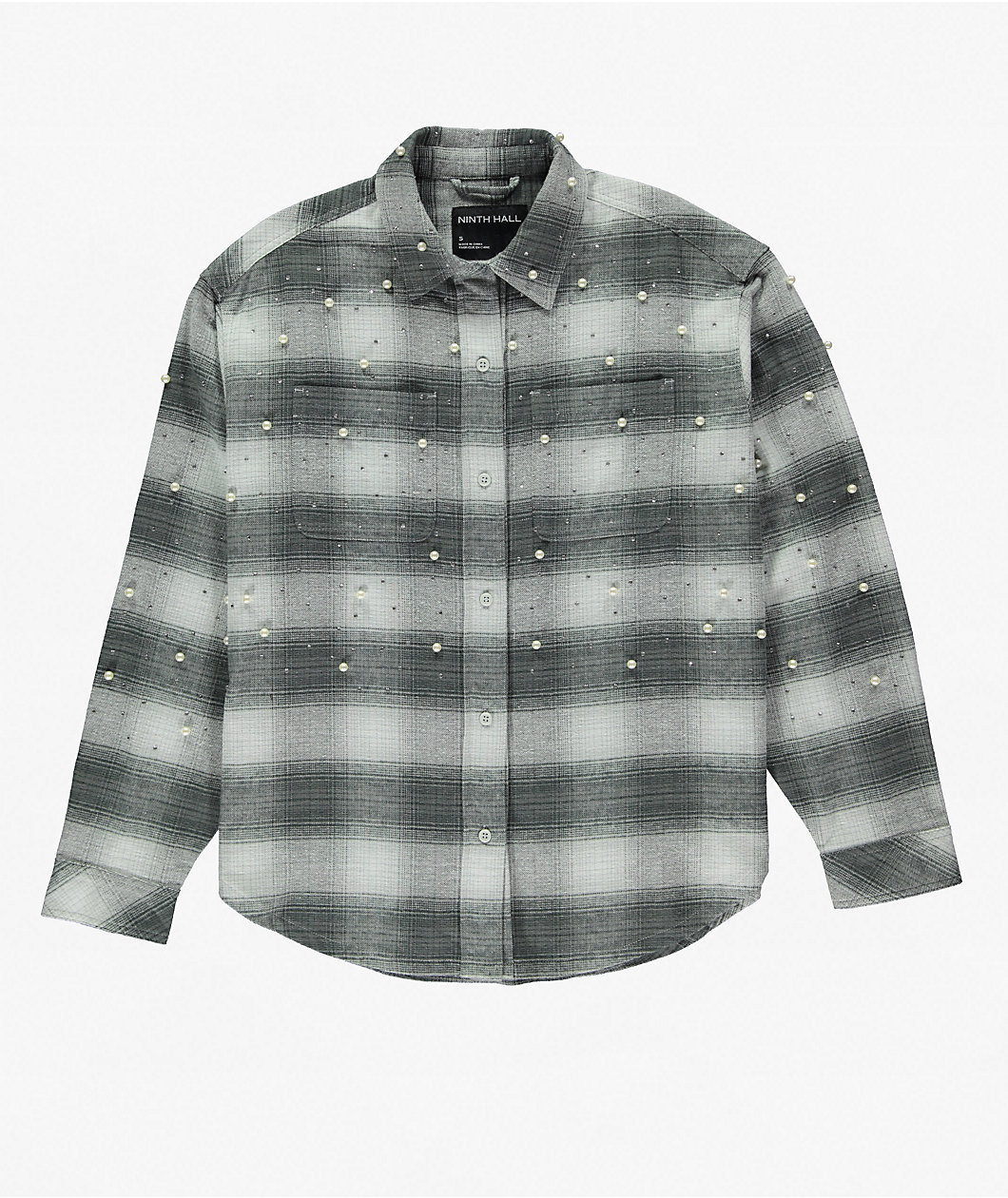 Ninth Hall Pearl & Rhinestone Grey Flannel Shirt