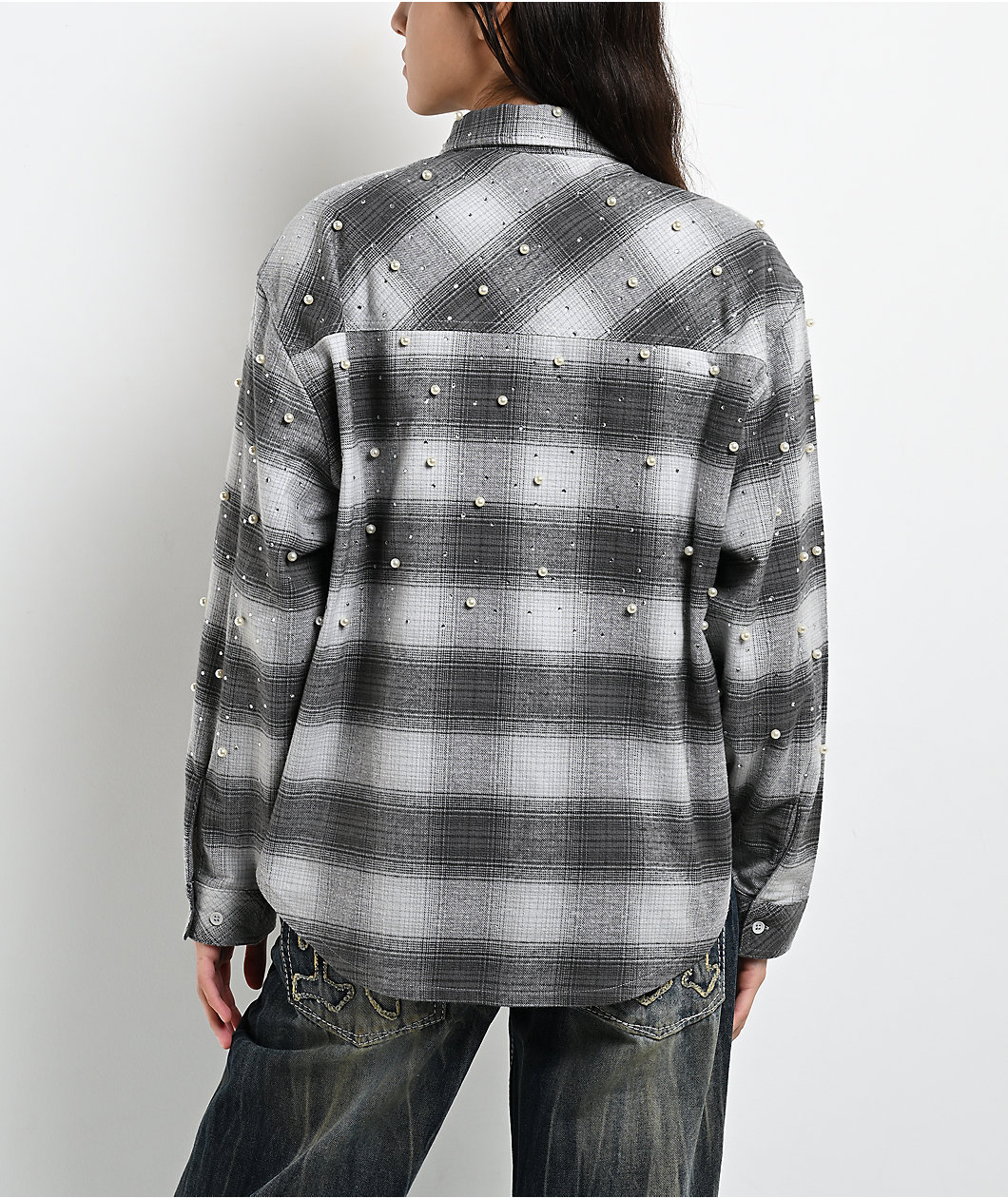Ninth Hall Pearl & Rhinestone Grey Flannel Shirt