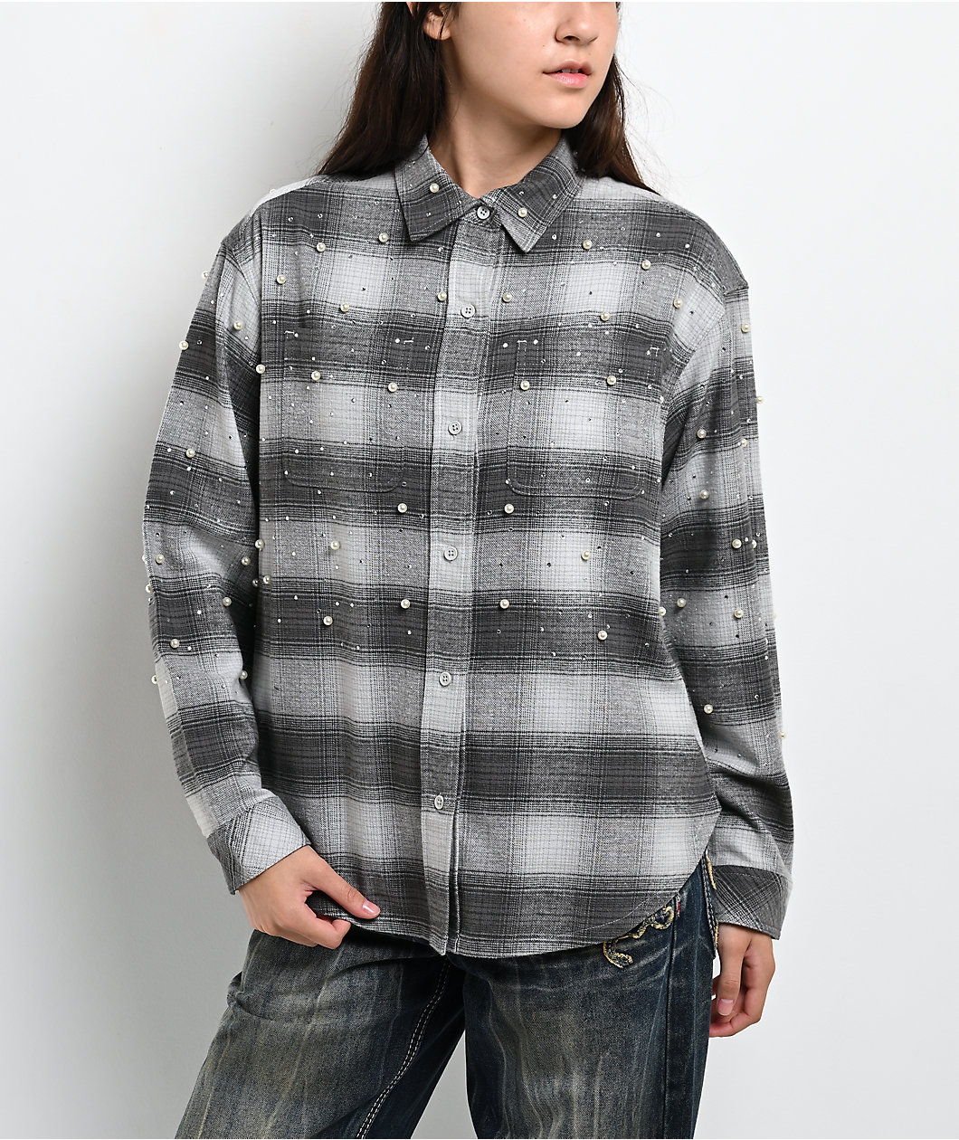 Ninth Hall Pearl & Rhinestone Grey Flannel Shirt