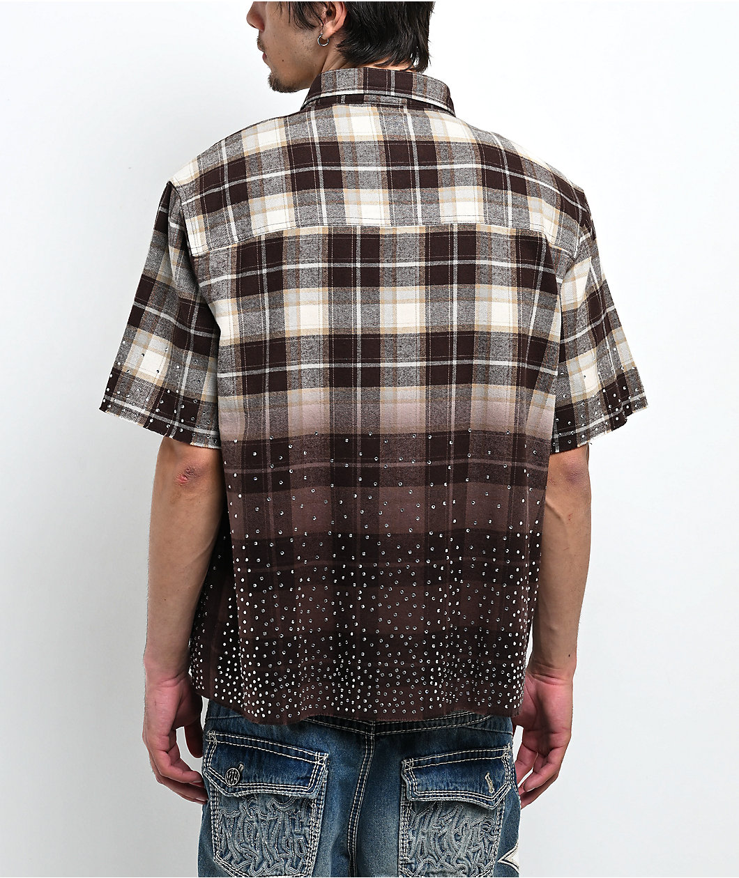 Ninth Hall Public Plaid Beige & Black Short Sleeve Button Up Shirt