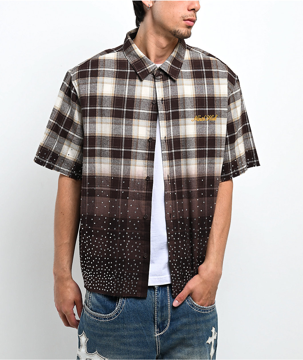 Ninth Hall Public Plaid Beige & Black Short Sleeve Button Up Shirt