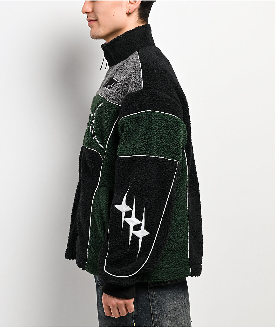 Ninth Hall Racer Green & Black Sherpa Zip Jacket | MainPlace Mall