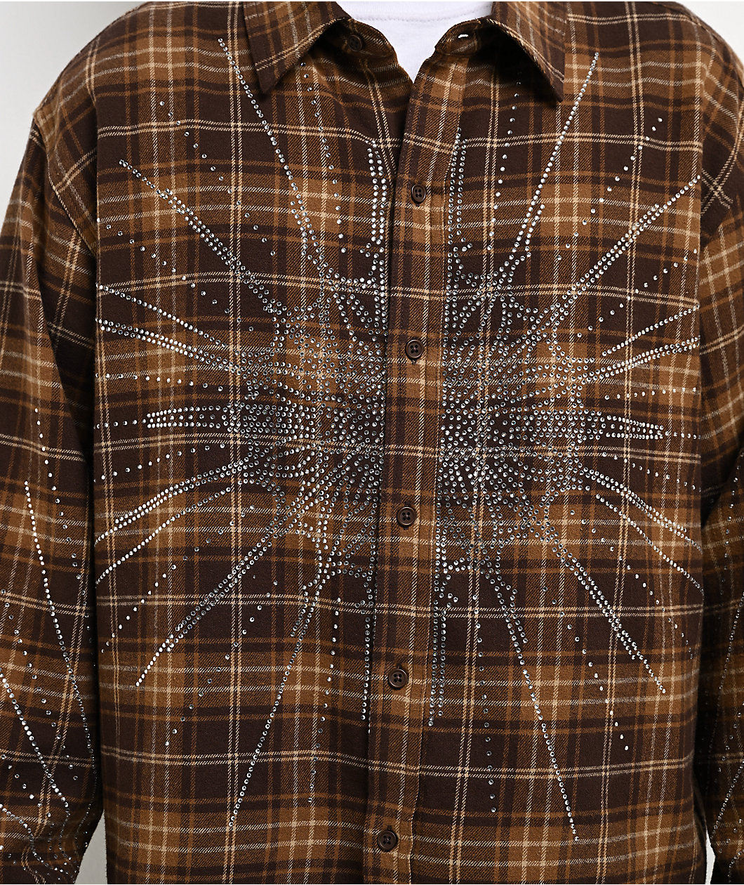 Ninth Hall Rhinestone Brown Long Sleeve Flannel Shirt