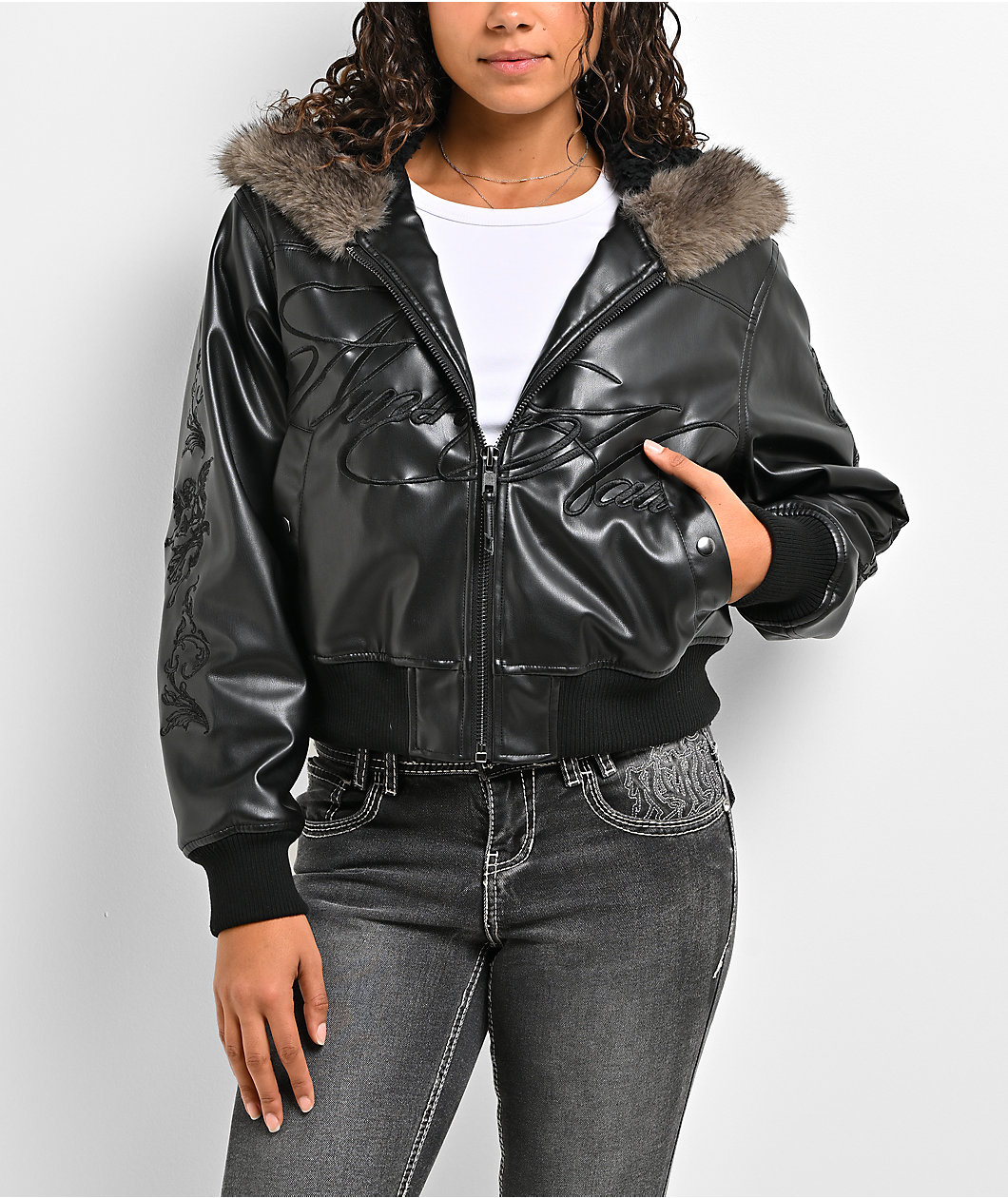 Ninth Hall Salem Faux Leather Black Crop Bomber Jacket