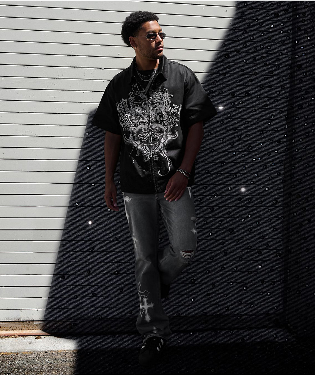 Ninth Hall Salvation Rhinestone Black Boxy Work Shirt