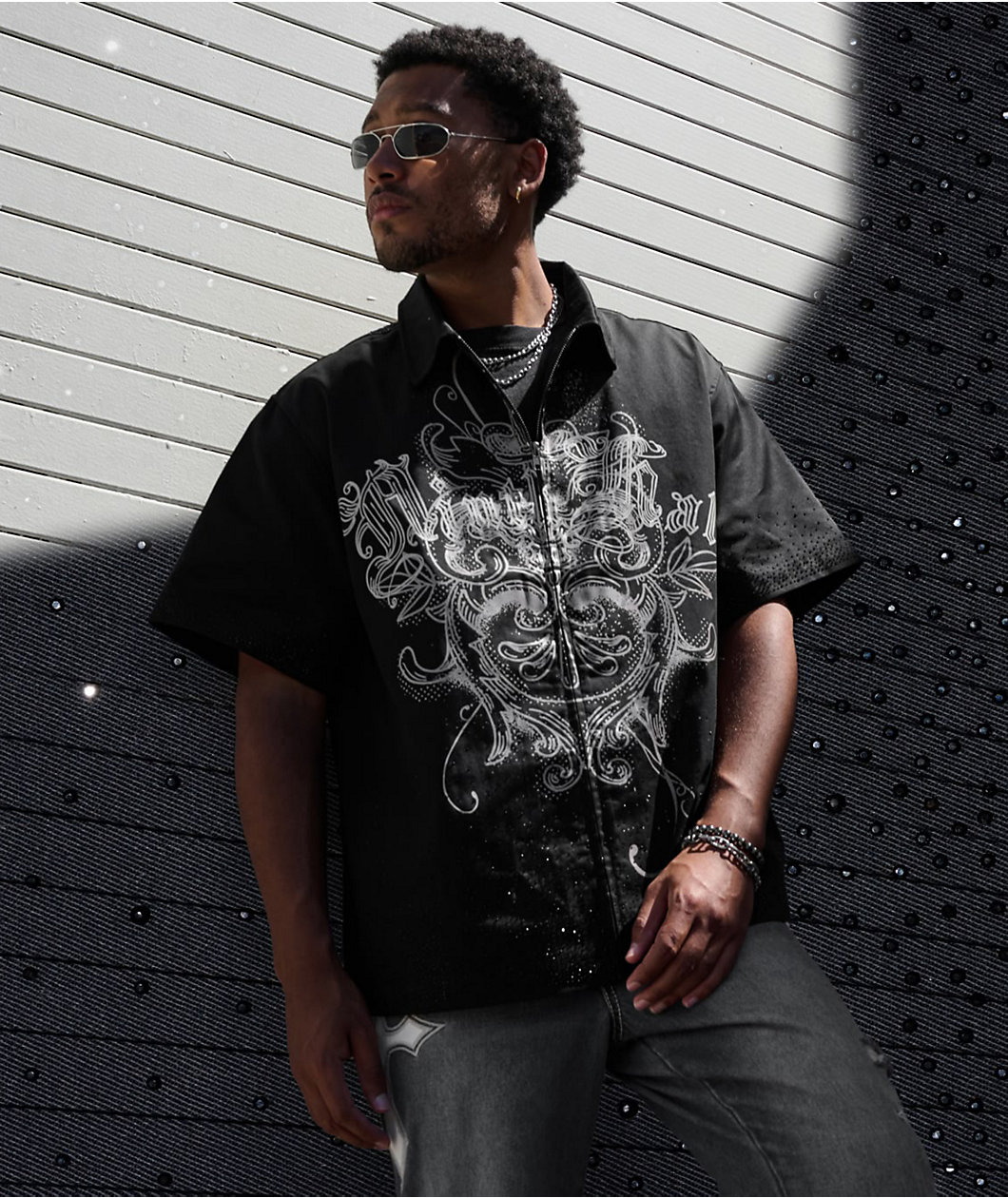Ninth Hall Salvation Rhinestone Black Boxy Work Shirt