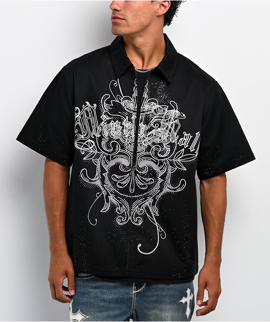 Ninth Hall Salvation Rhinestone Black Boxy Work Shirt