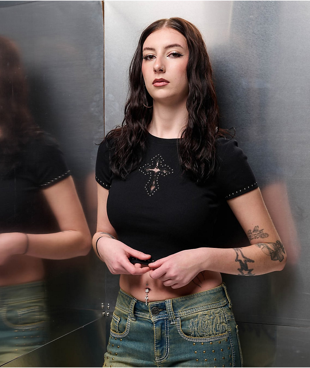 Ninth Hall Shawnie Cross Cutout Black Fitted Crop T-Shirt