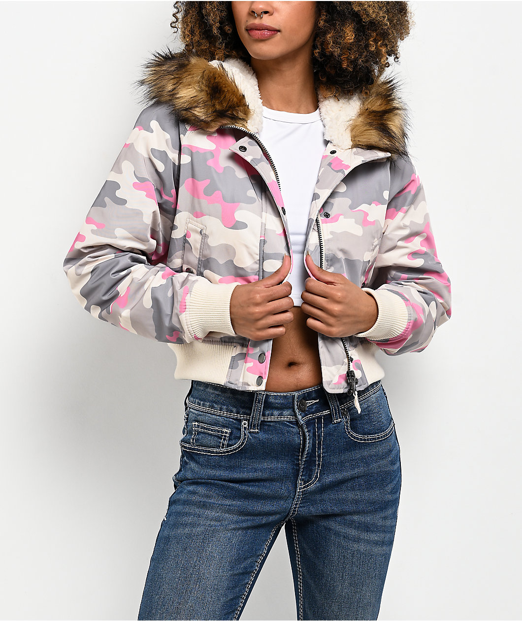 Ninth Hall Shayla Pink Camo Crop Zip Jacket