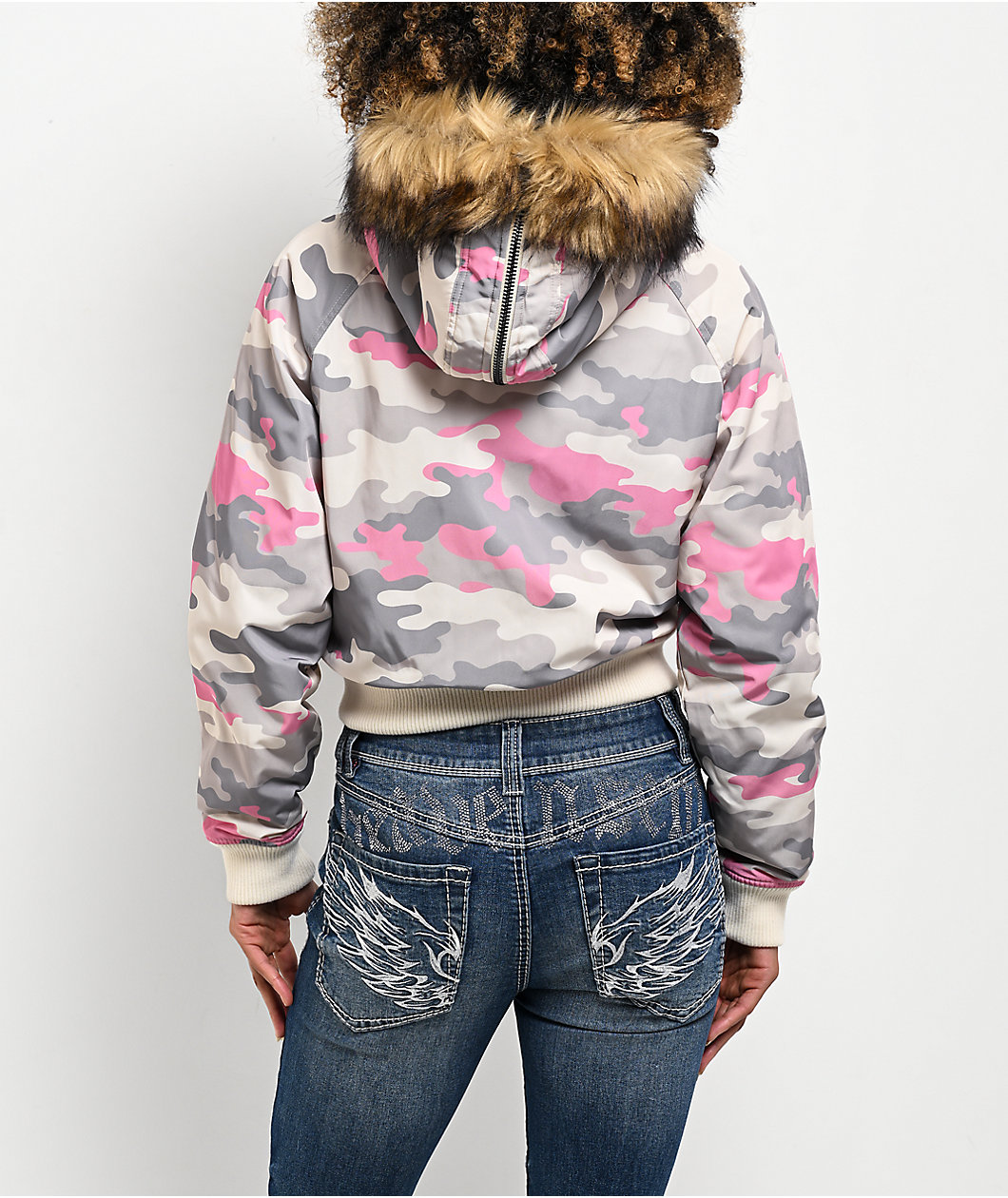 Ninth Hall Shayla Pink Camo Crop Zip Jacket