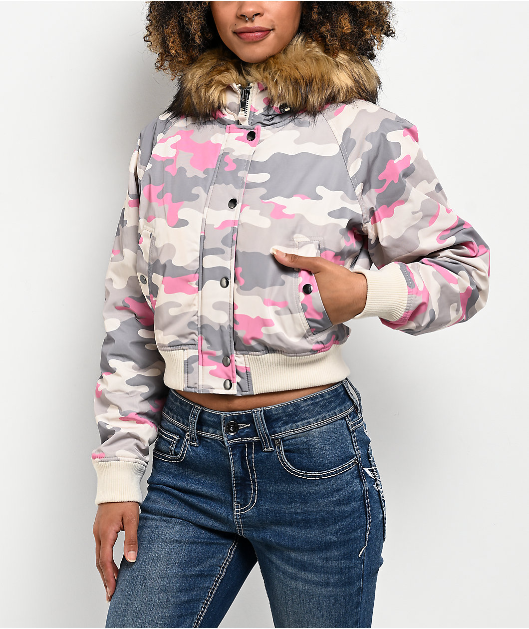 Ninth Hall Shayla Pink Camo Crop Zip Jacket
