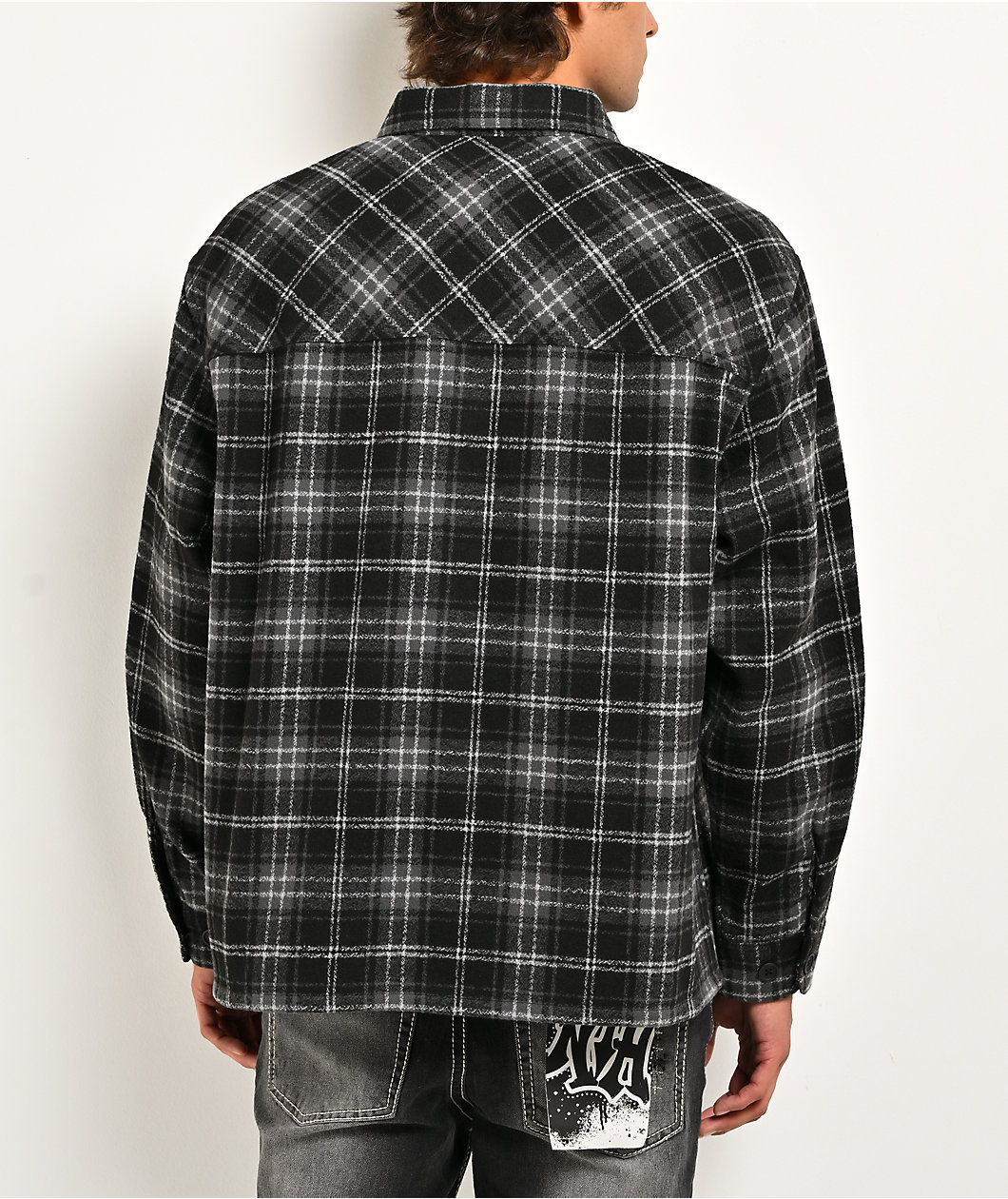 Ninth Hall Solitaire Rhinestone Black & Grey Flannel Shirt